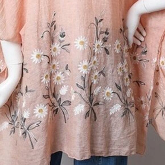 Embroidered Spring Daisy Woven Kimono Wrap Shawl Boho Floral Peach - Picture 3 of 3